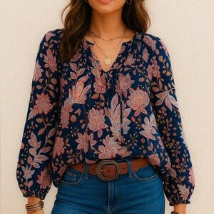 Lucky brand flowy floral tie neck long sleeve top ❤️